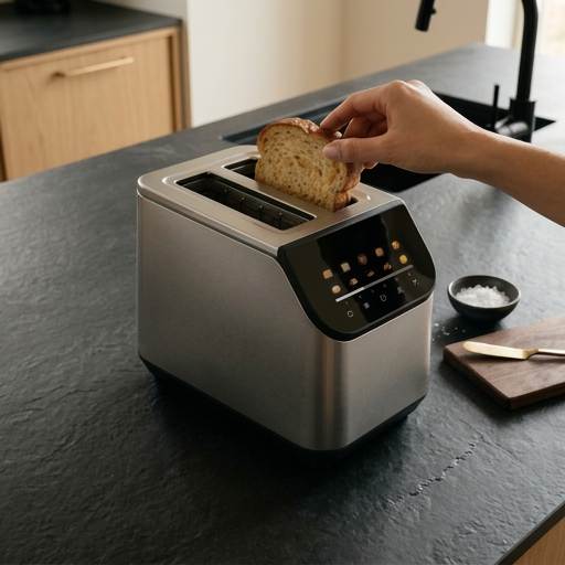 Person placing bread into a modern toaster on a kitchen counter.