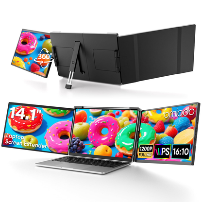 Omiodo 14" FHD 1200P IPS Laptop Screen Extender | Triple Portable Monitor, Plug & Play Dual Screen, Fits 14"-17.3" Laptops, Compatible with Win, Mac, Android&Chrome OS