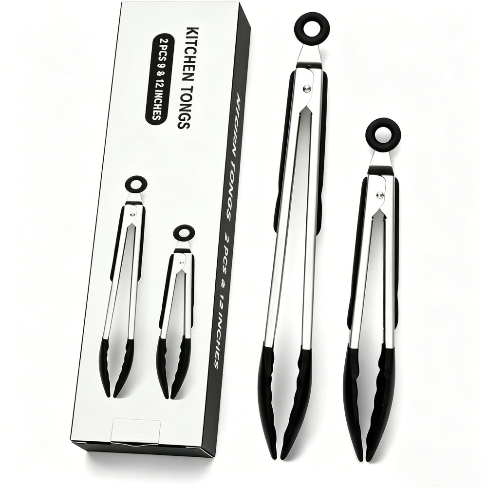 2 Pack Black Kitchen Tongs, Stainless Steel Heat Resistant Food Tongs for Cooking, Non Scratch Silicone Tip for Pans, Strong Grip, Grab Food, Toss Salad, 9 + 12 Inch