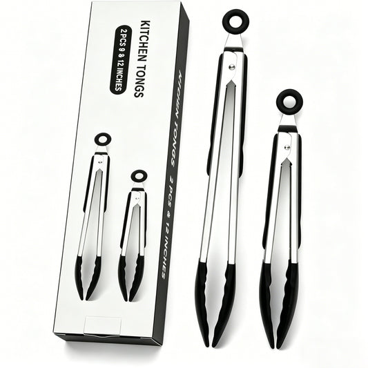 2 Pack Black Kitchen Tongs, Stainless Steel Heat Resistant Food Tongs for Cooking, Non Scratch Silicone Tip for Pans, Strong Grip, Grab Food, Toss Salad, 9 + 12 Inch