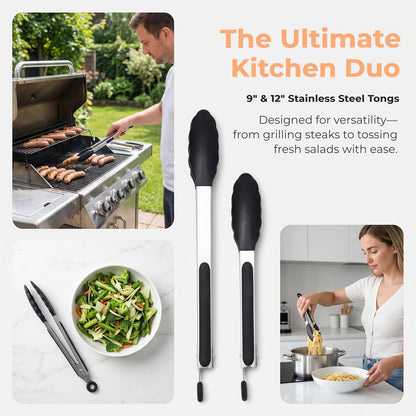 2 Pack Black Kitchen Tongs, Stainless Steel Heat Resistant Food Tongs for Cooking, Non Scratch Silicone Tip for Pans, Strong Grip, Grab Food, Toss Salad, 9 + 12 Inch