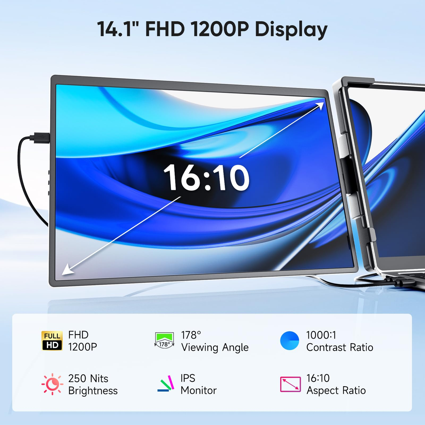 Omiodo 14" FHD 1200P IPS Laptop Screen Extender | Triple Portable Monitor, Plug & Play Dual Screen, Fits 14"-17.3" Laptops, Compatible with Win, Mac, Android&Chrome OS