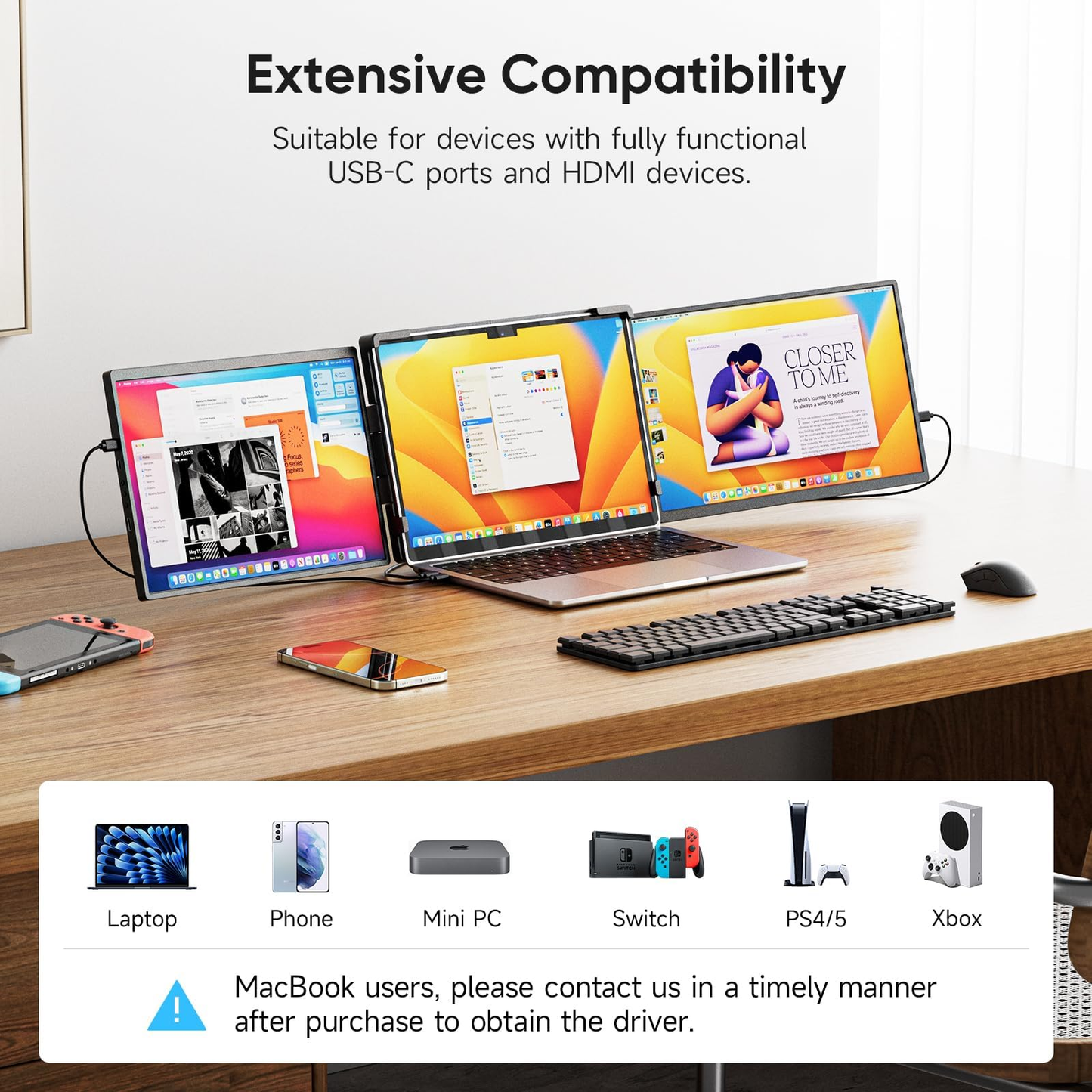 Omiodo 14" FHD 1200P IPS Laptop Screen Extender | Triple Portable Monitor, Plug & Play Dual Screen, Fits 14"-17.3" Laptops, Compatible with Win, Mac, Android&Chrome OS