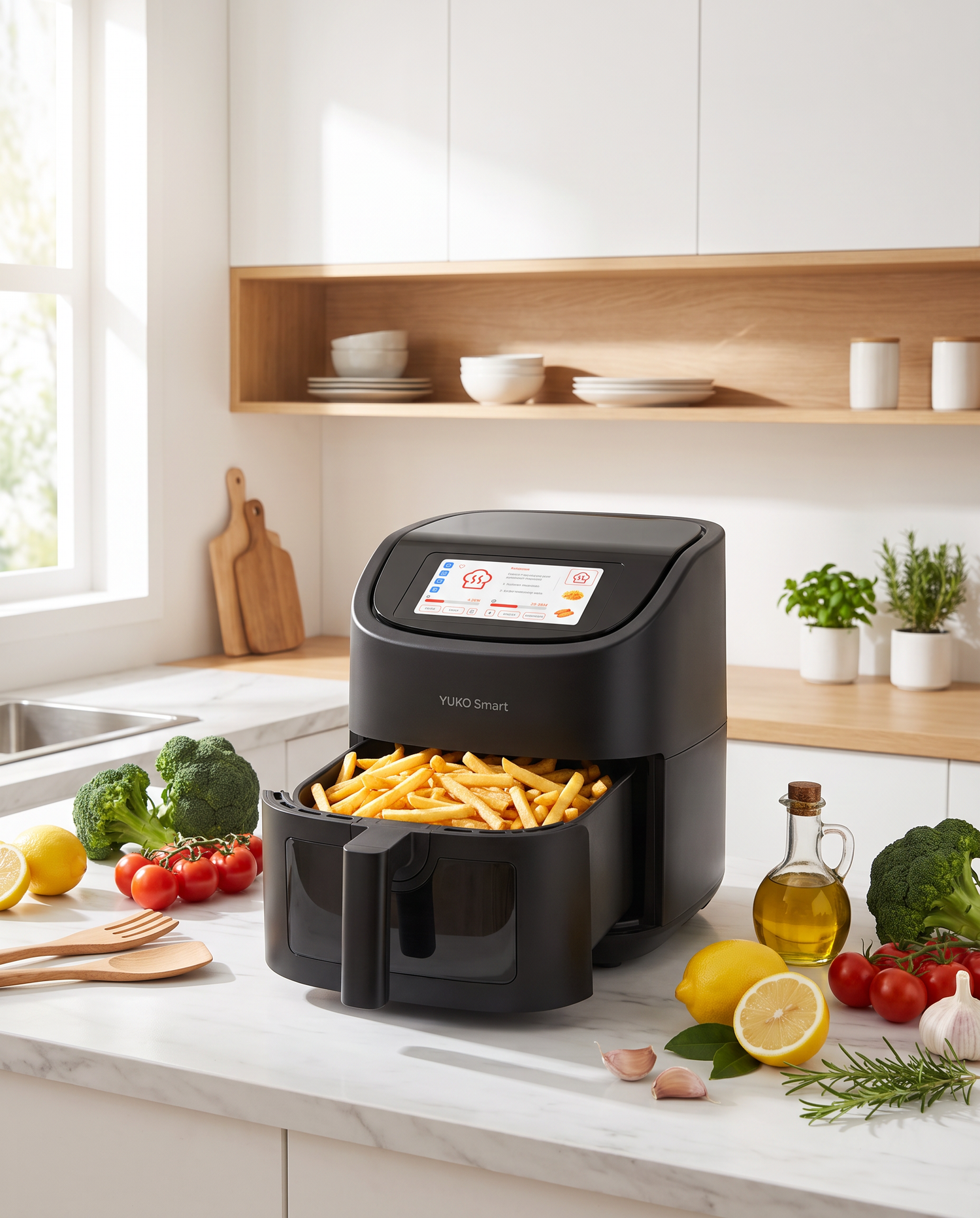A black VoloSmart air fryer filled with french fries sits on a white marble kitchen countertop, surrounded by fresh vegetables, lemons, garlic, olive oil, and herbs in a bright, modern kitchen setting.