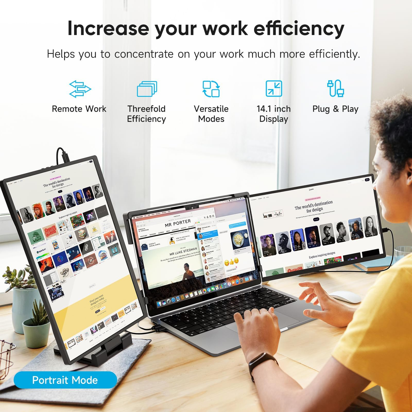 Omiodo 14" FHD 1200P IPS Laptop Screen Extender | Triple Portable Monitor, Plug & Play Dual Screen, Fits 14"-17.3" Laptops, Compatible with Win, Mac, Android&Chrome OS