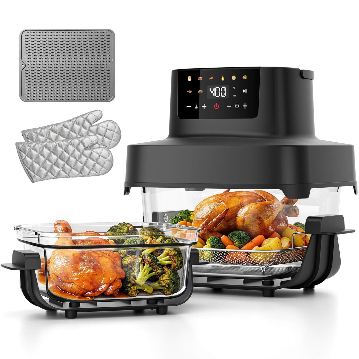 Non-Toxic Glass Air Fryer, Dual Capacity 6.3QT & 4.4QT with Glass Baskets & Lids, PFAS & PFOA-Free, 8-in-1 Portable Air Fryer, Dishwasher Safe