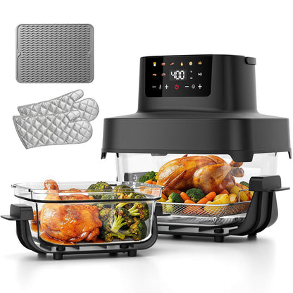 Non-Toxic Glass Air Fryer, Dual Capacity 6.3QT & 4.4QT with Glass Baskets & Lids, PFAS & PFOA-Free, 8-in-1 Portable Air Fryer, Dishwasher Safe