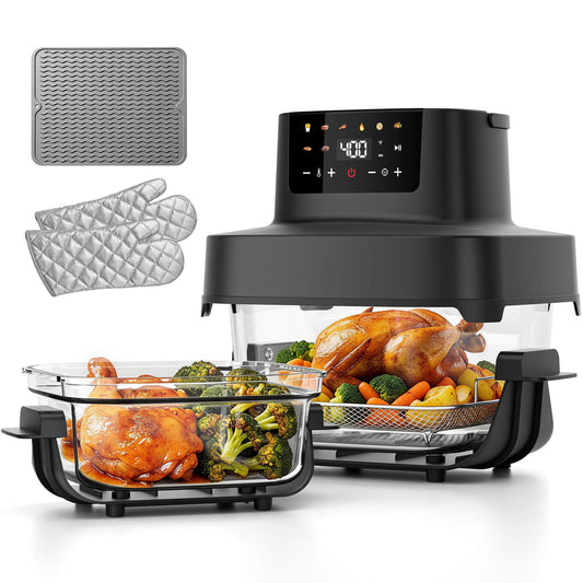Non-Toxic Glass Air Fryer, Dual Capacity 6.3QT & 4.4QT with Glass Baskets & Lids, PFAS & PFOA-Free, 8-in-1 Portable Air Fryer, Dishwasher Safe