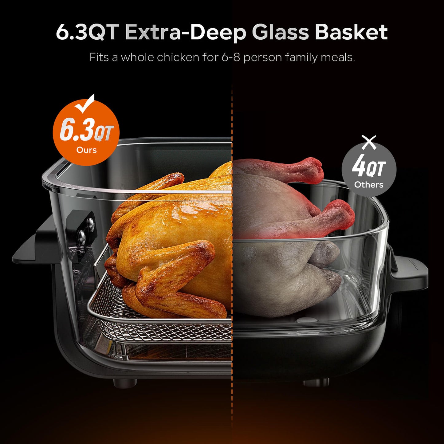 Non-Toxic Glass Air Fryer, Dual Capacity 6.3QT & 4.4QT with Glass Baskets & Lids, PFAS & PFOA-Free, 8-in-1 Portable Air Fryer, Dishwasher Safe