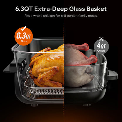Non-Toxic Glass Air Fryer, Dual Capacity 6.3QT & 4.4QT with Glass Baskets & Lids, PFAS & PFOA-Free, 8-in-1 Portable Air Fryer, Dishwasher Safe
