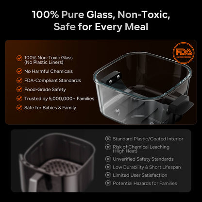 Non-Toxic Glass Air Fryer, Dual Capacity 6.3QT & 4.4QT with Glass Baskets & Lids, PFAS & PFOA-Free, 8-in-1 Portable Air Fryer, Dishwasher Safe
