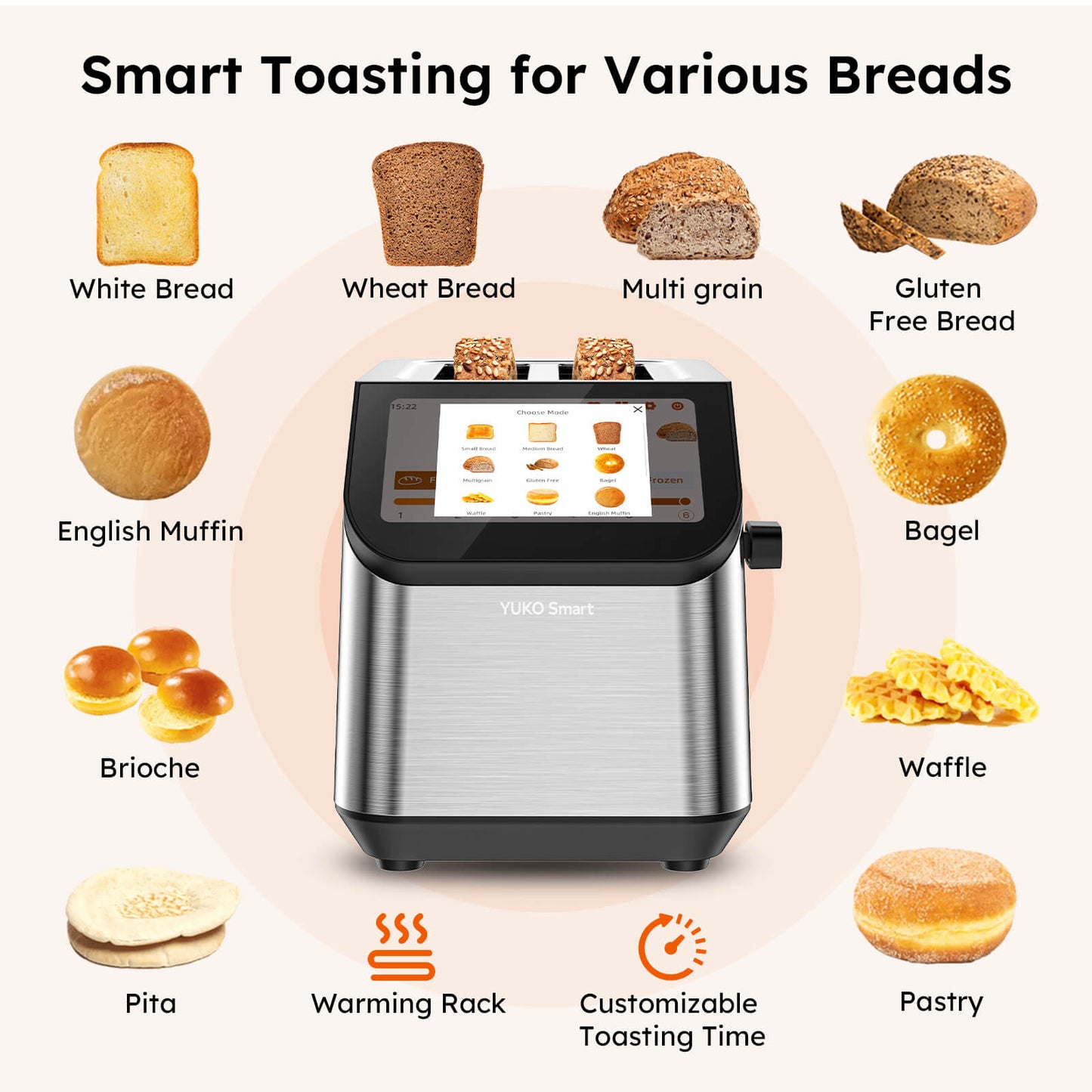 Smart 2 Slice Wide Slot Toaster | Stainless Steel with LCD Touch Screen, Memory Function, 10 Bread Types, 6 Shade Settings, Fast Even Toasting & Removable Crumb Tray, 900W