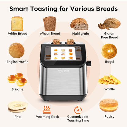 Smart 2 Slice Wide Slot Toaster | Stainless Steel with LCD Touch Screen, Memory Function, 10 Bread Types, 6 Shade Settings, Fast Even Toasting & Removable Crumb Tray, 900W