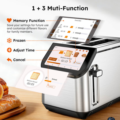 Smart 2 Slice Wide Slot Toaster | Stainless Steel with LCD Touch Screen, Memory Function, 10 Bread Types, 6 Shade Settings, Fast Even Toasting & Removable Crumb Tray, 900W