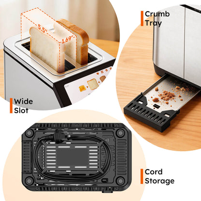Smart 2 Slice Wide Slot Toaster | Stainless Steel with LCD Touch Screen, Memory Function, 10 Bread Types, 6 Shade Settings, Fast Even Toasting & Removable Crumb Tray, 900W