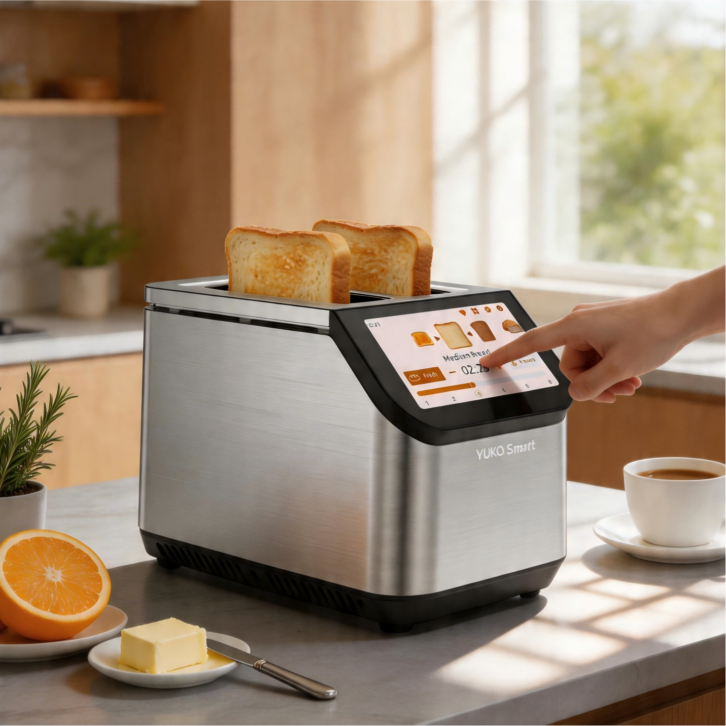 Smart toaster with a digital display in a kitchen setting, showing a hand interacting with the device.