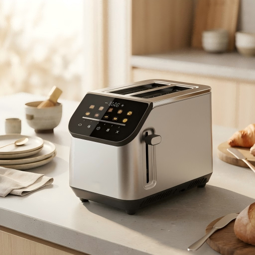 Modern toaster on a kitchen counter with a blurred background