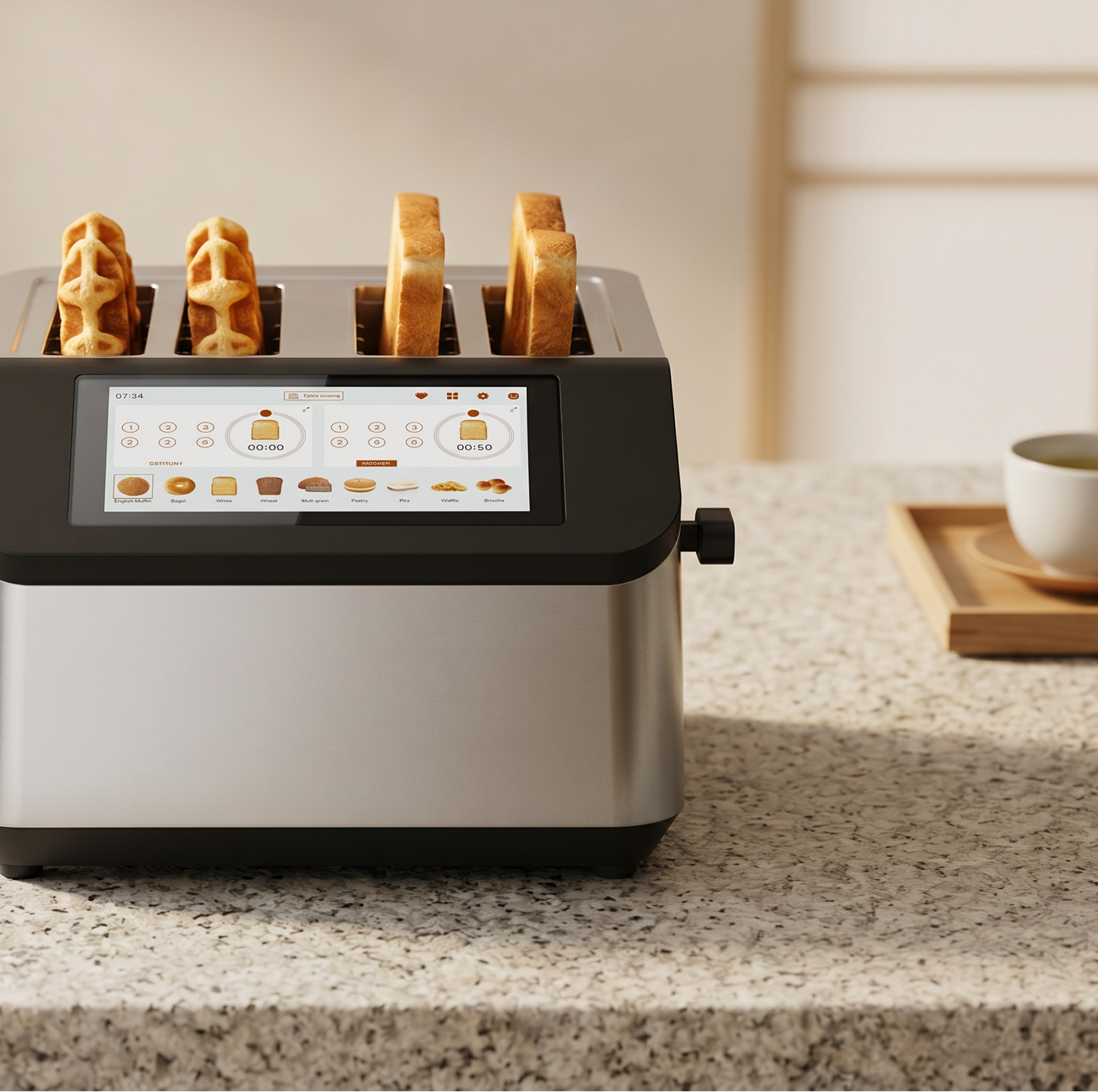 YUKO Smart 4 slice toaster in a modern kitchen with fresh golden toast for family breakfast
