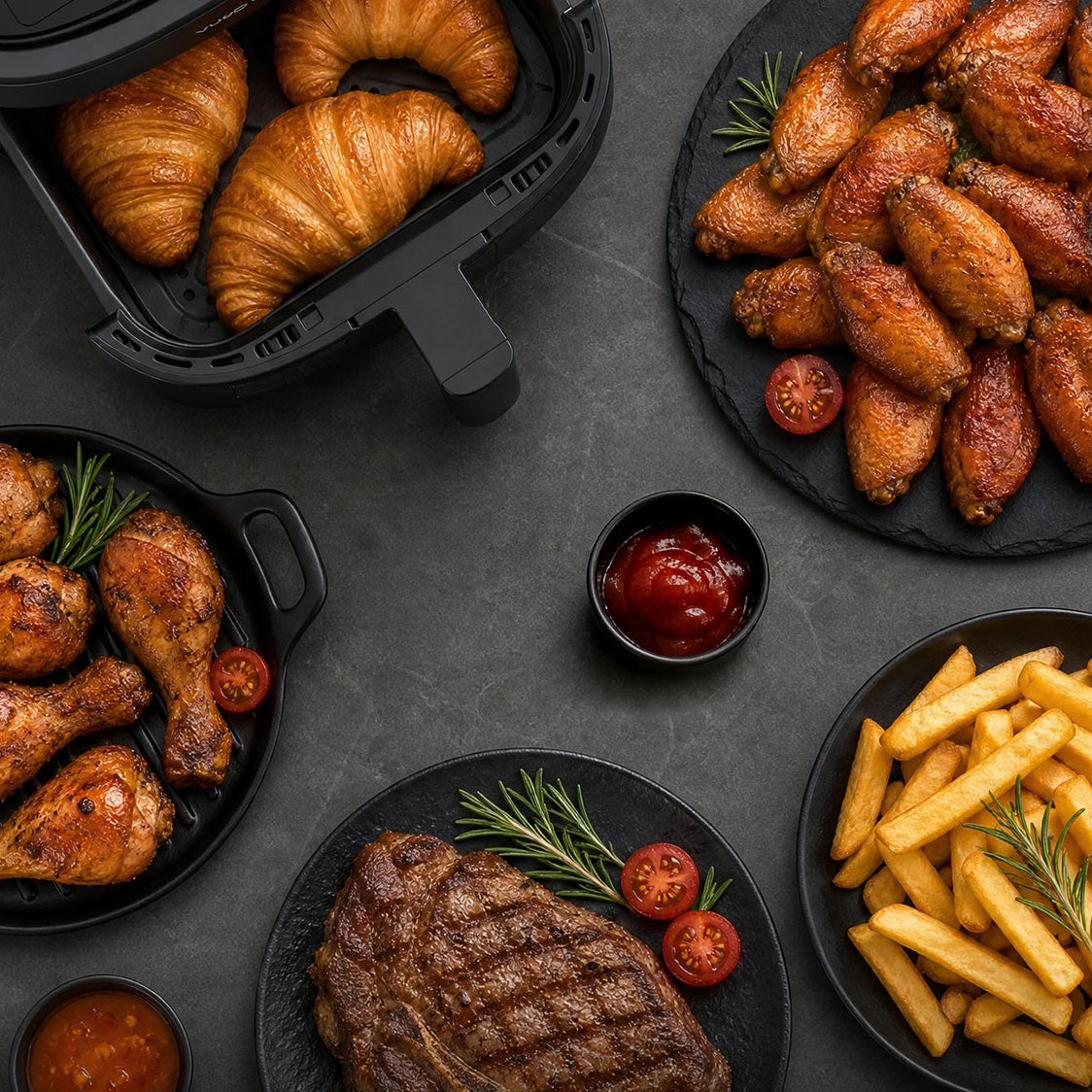 An air fryer shown open with cooked food samples arranged around it on a dark gray surface. The air fryer basket is visible at the top left, and the surrounding plates include croissants, chicken wings, chicken wings with cherry tomatoes, a steak, and french fries.